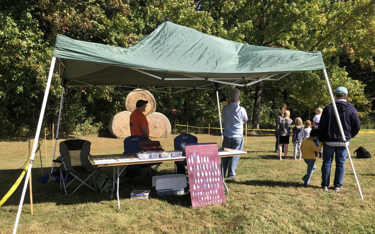 ISAS staff Patrick Green, Christian Hasler, and Mike Smith and UIUC archaeology graduate student, Em Shirilla volunteered to host an archaeology tent and atlatl-powered spear throwing demonstration during the Family Campout event at Allerton Park and Retreat Center in Monticello, Illinois.