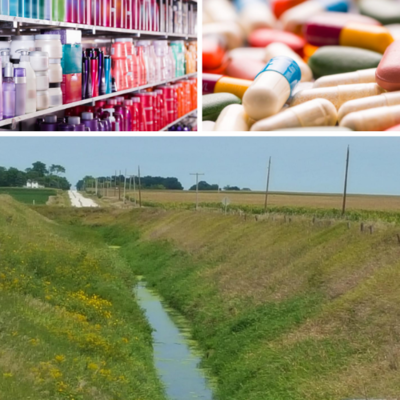Shampoo and personal products bottles on a shelf (top left), assorted pills (top right), farm field drainage ditch (bottom)