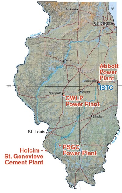 map of ISTC carbon capture project locations across Illinois and Missouri