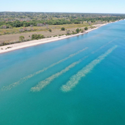 Aerial view of fully installed submerged rubble ridges
