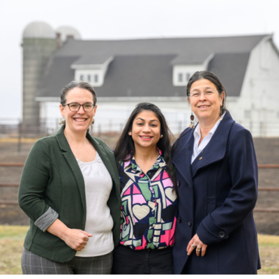 Ph.D. candidate Sulagna Chakraborty, center, led a study of farmer awareness of ticks and tick-borne diseases with U. of I. pathobiology professor Rebecca Smith, left, and Illinois Natural History Survey wildlife veterinary epidemiologist Nohra Mateus-Pinilla.