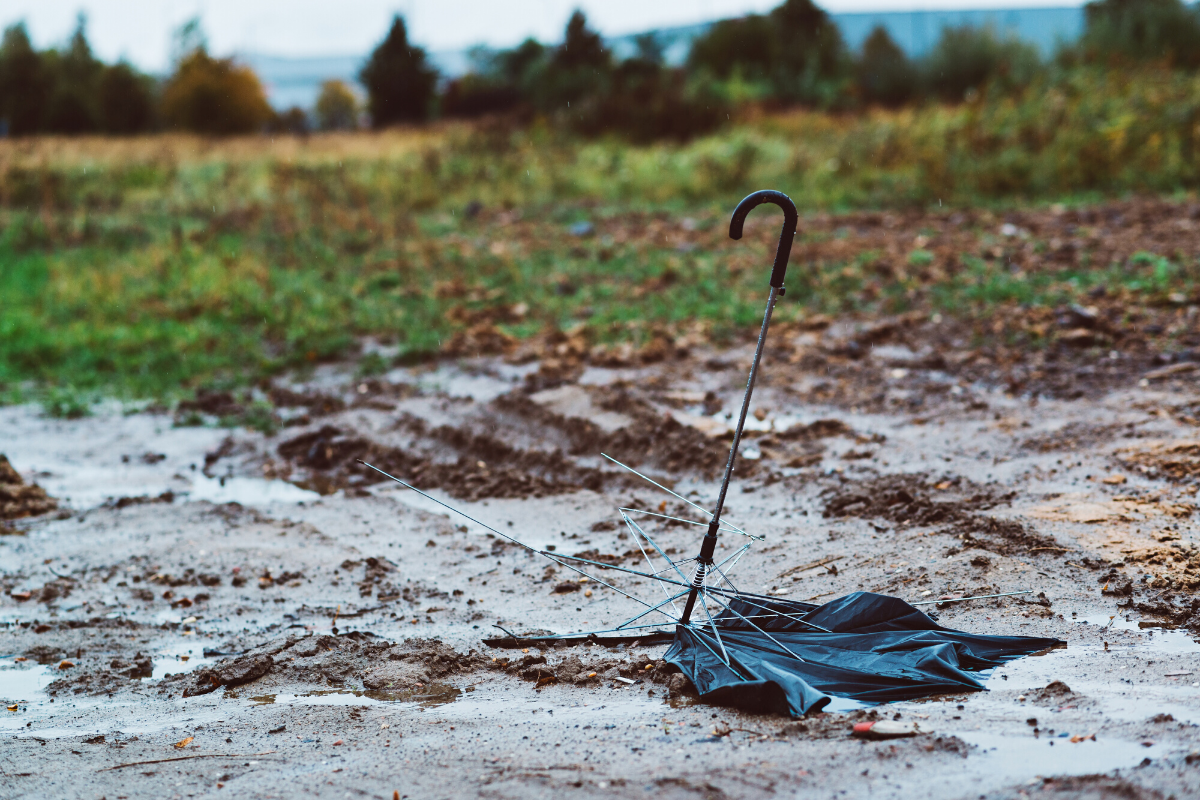 broken umbrella in muddy field