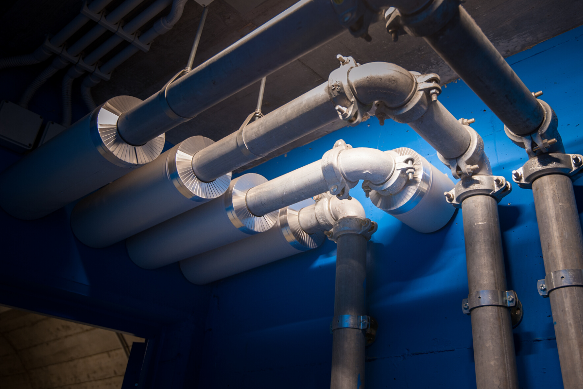 large pvc water pipes in a building