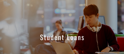Man with over the ear headphones around his neck studying on a laptop. White text reads: Student Loans
