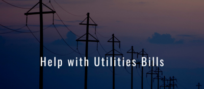 sunset with utilities lines and white text that reads "Help with Utilities Bills"