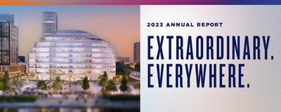 U of I System annual report cover with Discovery Partners Institute's future headquarters and title Extraordinary Everywhere