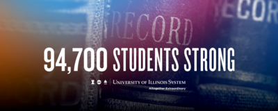 94,700 students strong, books in background, U of I System logo