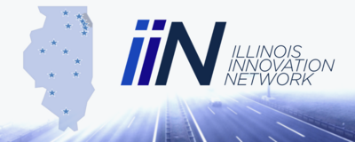 Illinois Innovation Network logo with image of the state with pins noting hub locations