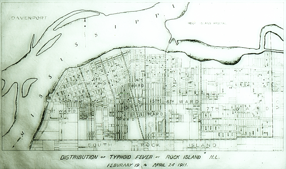 Map of typhoid fever distribution in Rock Island, Illinois, in 1911