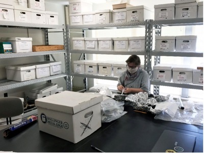 A 2022 IFR field school student rehouses archaeological materials to prepare them for permanent storage.