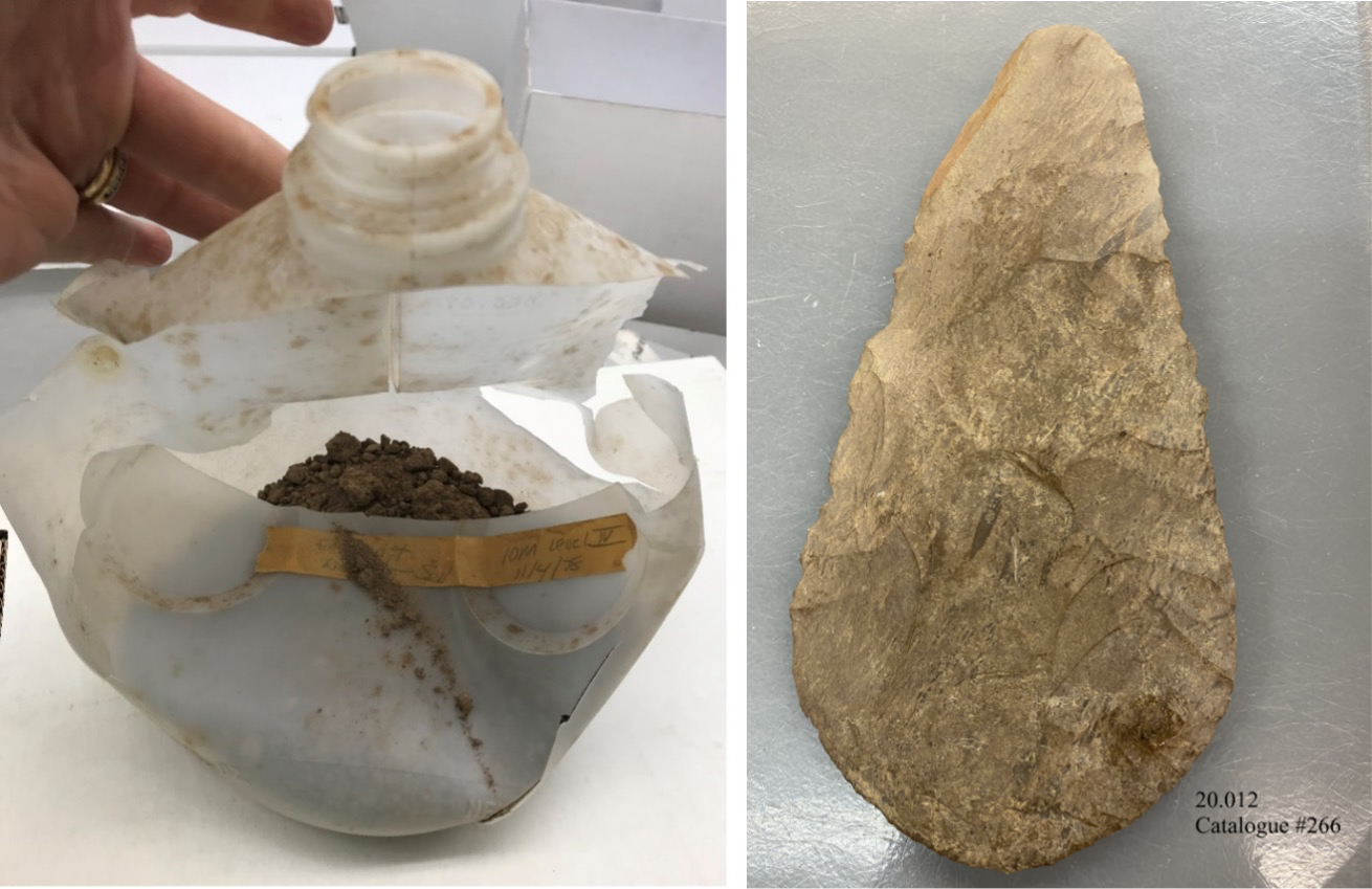 (LEFT) A soil sample from a 1970s legacy collection desperately in need of rehousing.  (RIGHT) A stone hoe dating from the 12th-15th centuries, cataloged by students as part of their curation field school.