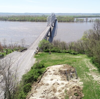 aerial view of roadway, river, bridge, and roadside Deer Shed bluff site