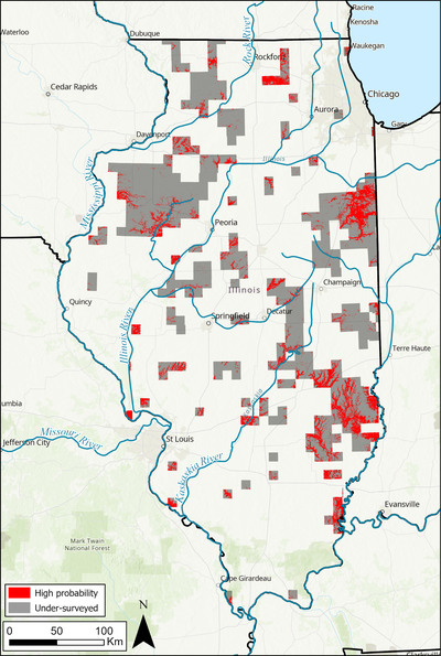 Areas with high predicted site probability (red) that fall within under-surveyed townships (gray) in Illinois