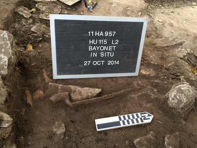 This bayonet was found during excavation of a structure at Fort Johnson/Cantonment Davis in Warsaw, in the immediate vicinity of a limestone fireplace.