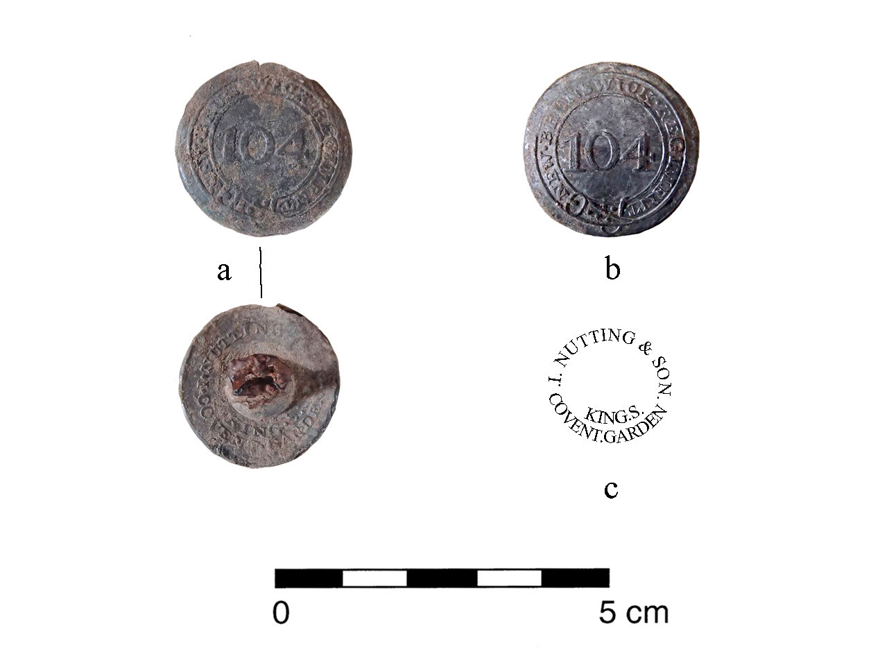 These two British buttons were recovered from the upper deposits of an in-filled structure basin in proximity to an associated limestone fireplace foundation.