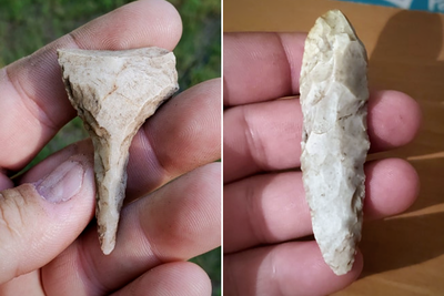 Stone tools that are suggestive of generalized Archaic period (probably 3,000 or more years old) use of the area where they were located – one is a drill or perforating tool and the other may be a reworked knife form.