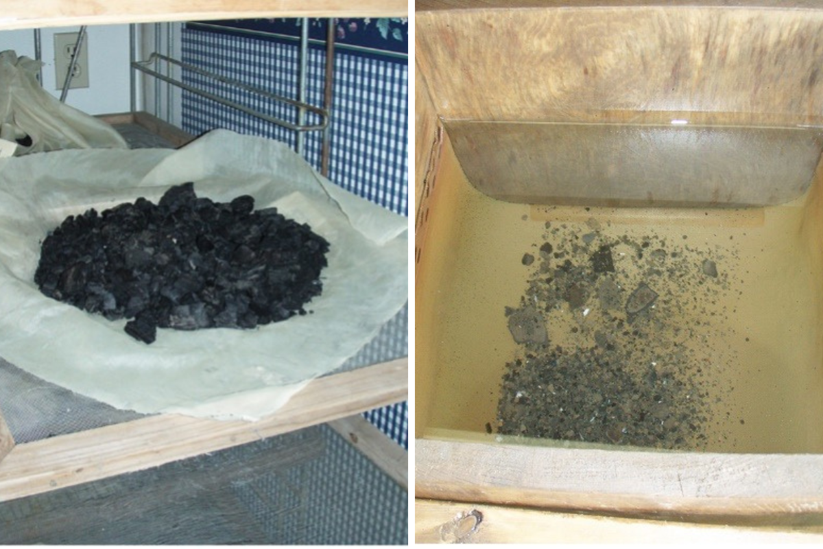 Freshly processed flots result in the seeds, nuts, and charcoal of the light fraction, which is skimmed off the top of the water in the flotation tank (left) and the minute artifacts of the heavy fraction, which sink to the bottom of the fine-mesh basket (right)