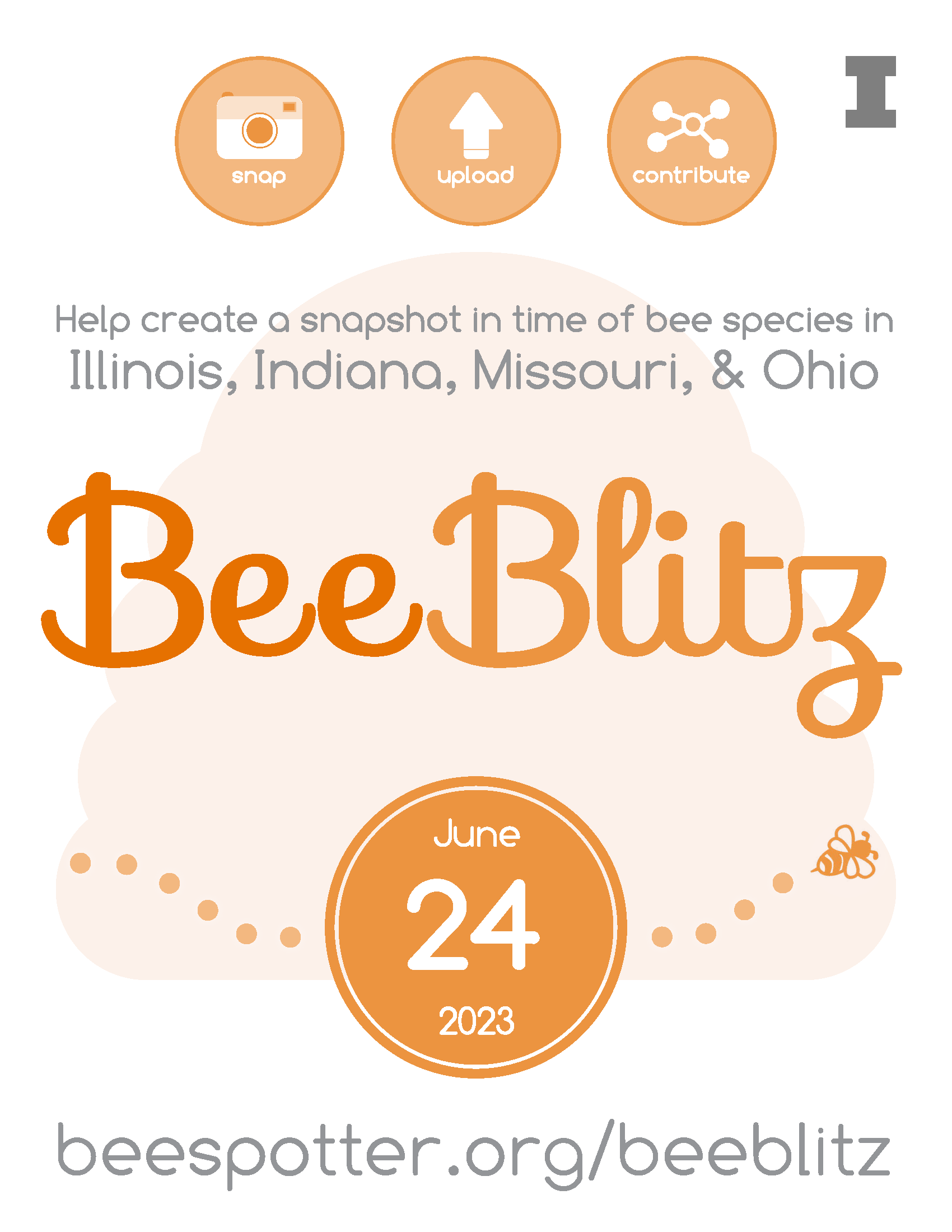 BeeBlitz flier: on June 24, 2023, help create a snapshot in time of bee species in Illinois, Indiana, Missouri, and Ohio