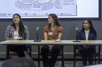 Undergraduate panelists speaking about their HRL research projects at the 2023 Undergraduate Research Lab Showcase. L to R: Madeline Meehan, Sylvia Techmanski, and Krupa Shah.