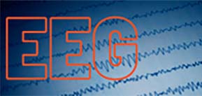 Orange block letters "EEG" over an image of EEG signals