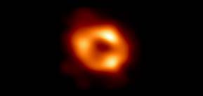 image of the Sag. A black hole: a torus shaped ring of orange around a dark center with three bright concentrated areas in the ring.
