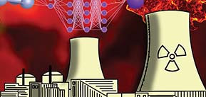 illustration of nuclear power plant with salt molecule in the background.