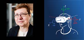 Left: Headshot of Klara Nahrstedt wearing glasses in front of black background. Right: Diagram of augmented reality headset with axes X (forward labeled roll), Y (out to the side labeled pitch) and Z (pointing up labeled yaw).