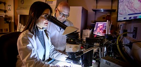 [Image ID: Jamila Hedhli, wearing a white lab coat, looks through a microscope. The image on the microscope is displayed on a screen that is mostly out of frame. Behind Jamila, Wawrzyniec Dobrucki looks on. End ID]