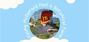 Book Title "Young McDonald Had a Botanical Farm" on a cloud background surrounding a picture of a McDonald's logo character