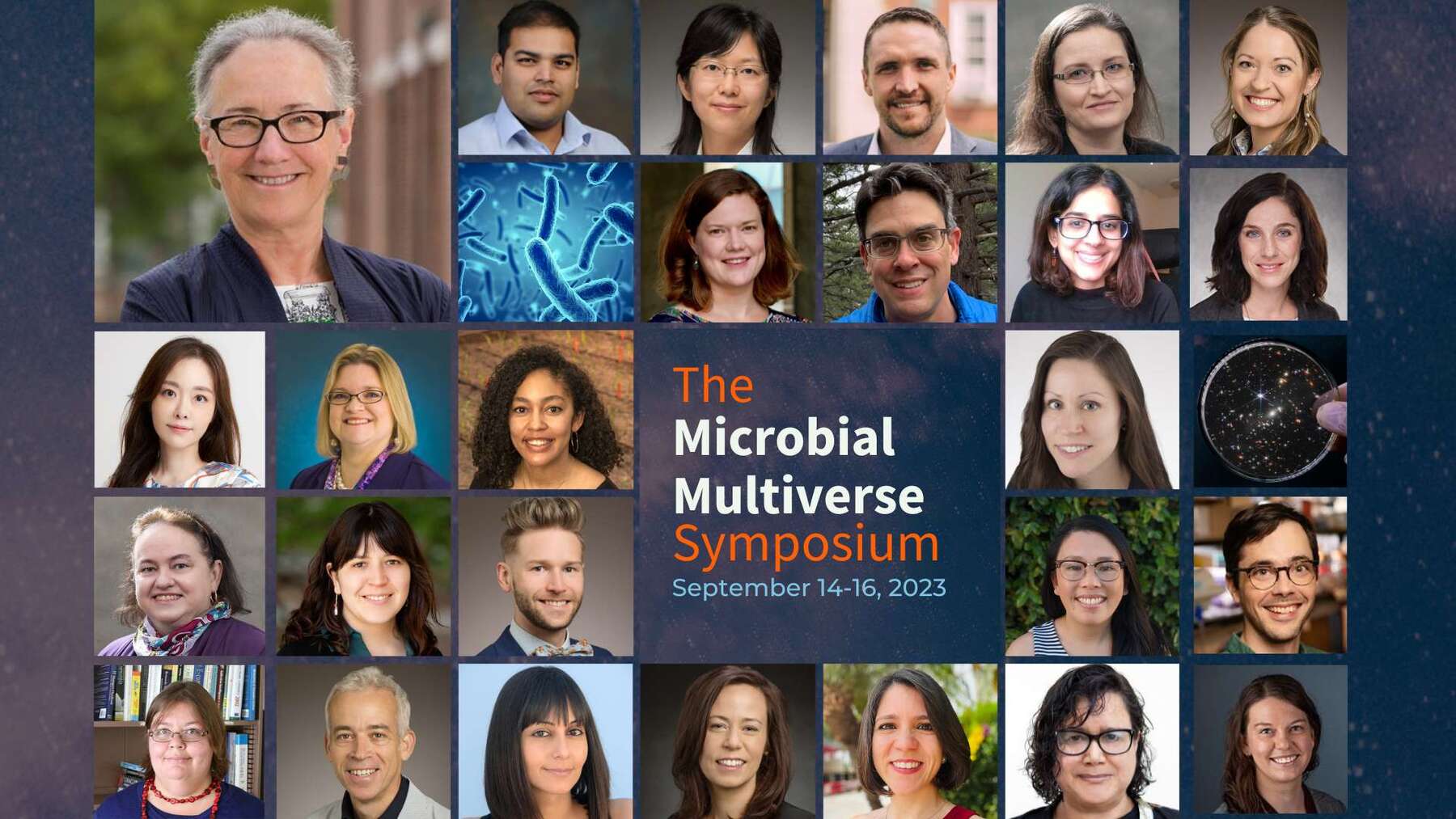 Photo Collage of headshots from speakers at the Microbial Multiverse Symposium.