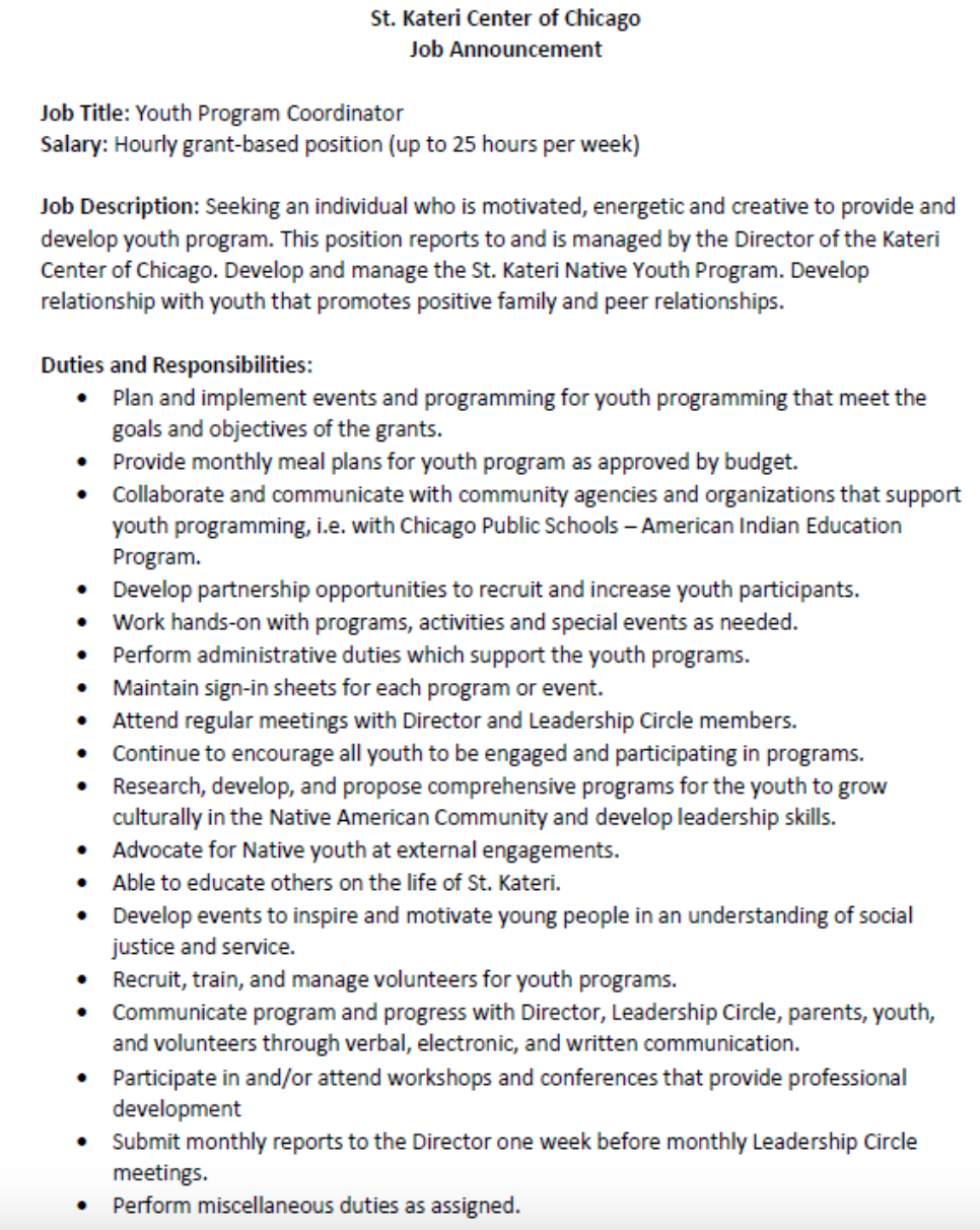 POSITION ANNOUNCEMENT: Part-Time Youth Coordinator at St. Kateri Center |  NASPNews