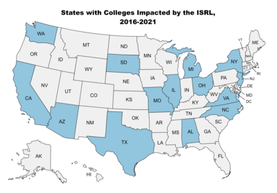 A map showing that institutions at 14 US states have been impacted by the ISRL.