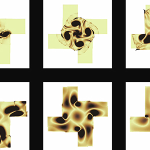Nine squares hold yellow windmill-shapes with different black patterns on each one.