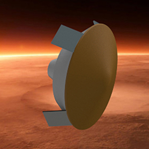 A round landing vehicle with flaps flies through the Martian atmosphere.