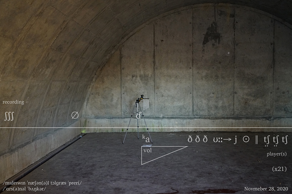 Phonetic and musical systems drawn on top of a photo of a decommissioned Army arsenal bunker interior.