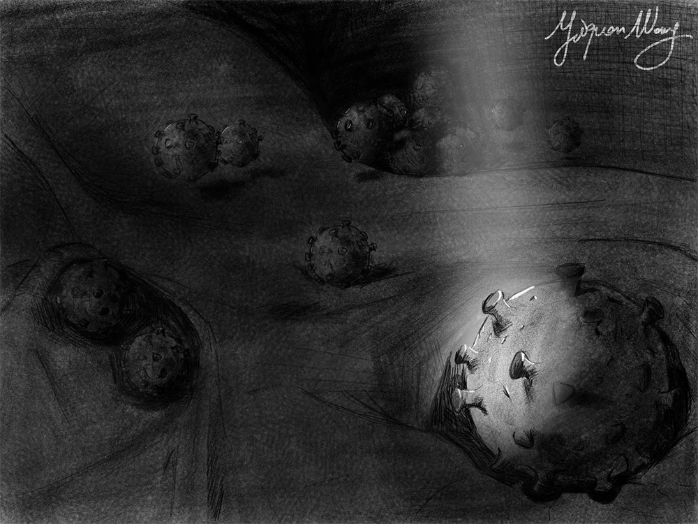 Black and white painting of the influenza virus invading host cells bathed in a beam of light.