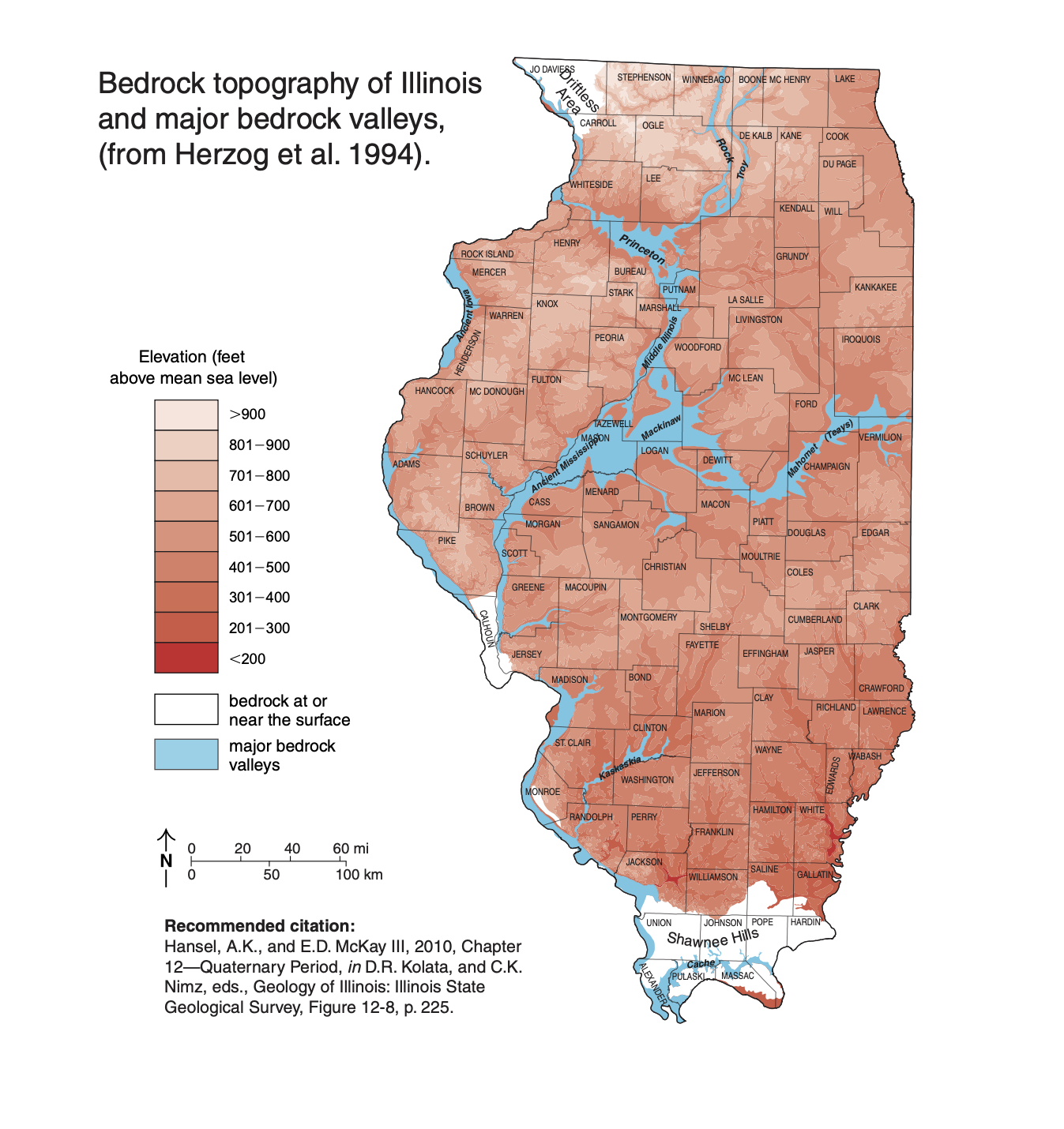A map of the bedrock topography of Illinois and major bedrock valleys