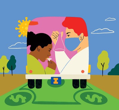 Comic illustration of bus with spit testing on the back