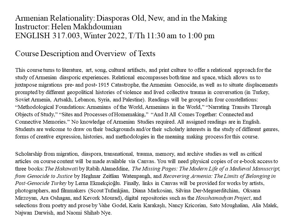 Opening page of syllabus for ENGL 317: Armenian Relationality: Diasporas Old, New, and in the Making