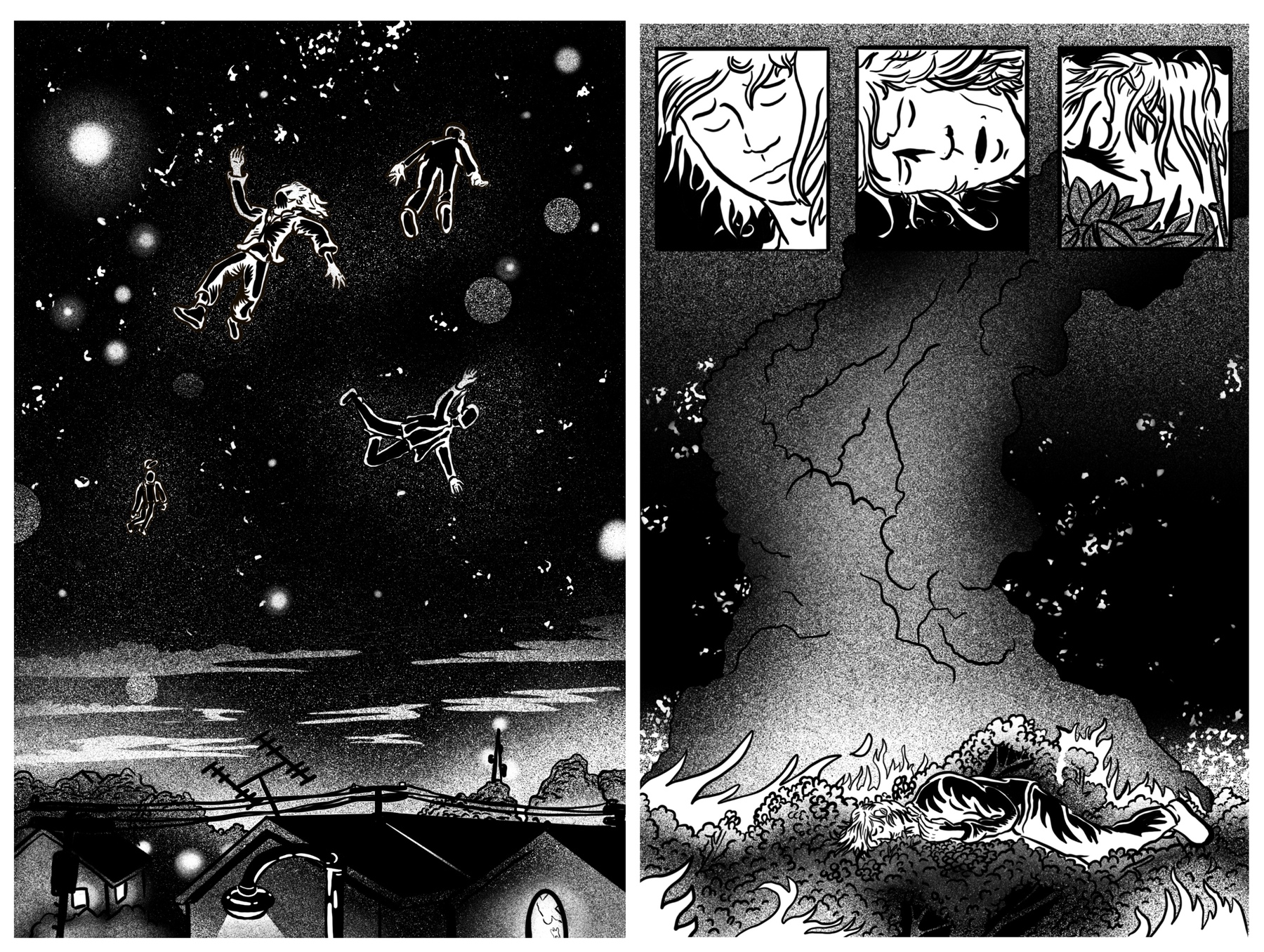 Two illustrated panels. One features figures falling through a night sky, and another features a column rising out of a sea of flames.