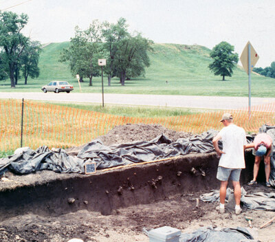 Archaeological profile wall at Cahokia with artifacts visible in the plow zone.